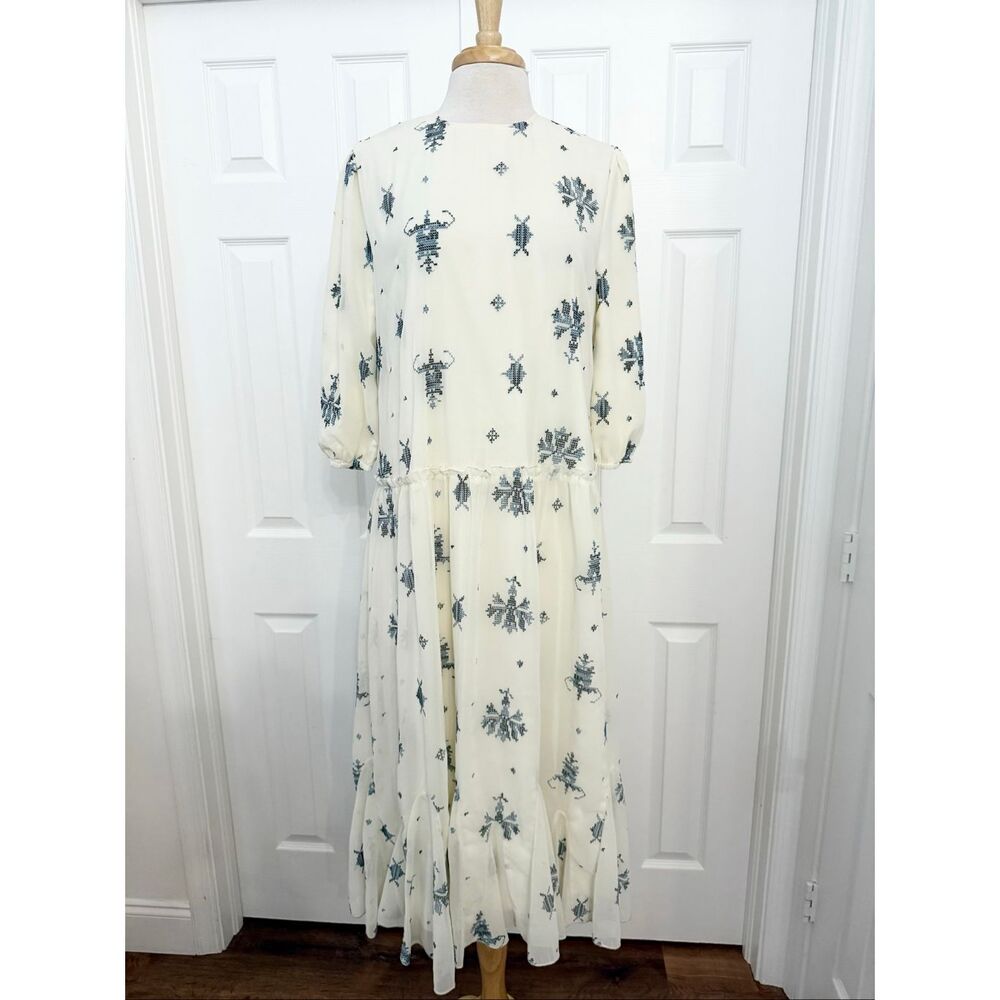 Link + Luxe Womens Ivory Blue‎ Embroidered Tiered Maxi Dress Size Large